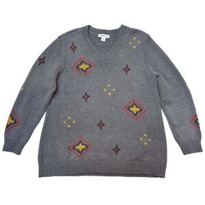 Coldwater Creek Geometric Pattern Embroidered V Neck Cotton Sweater Gray Large